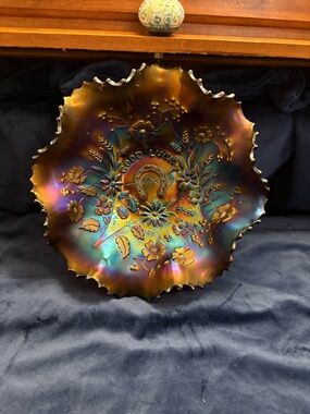 Iridescent 'Good Luck' Decorative Carnival Glass Bowl - Multicolor
